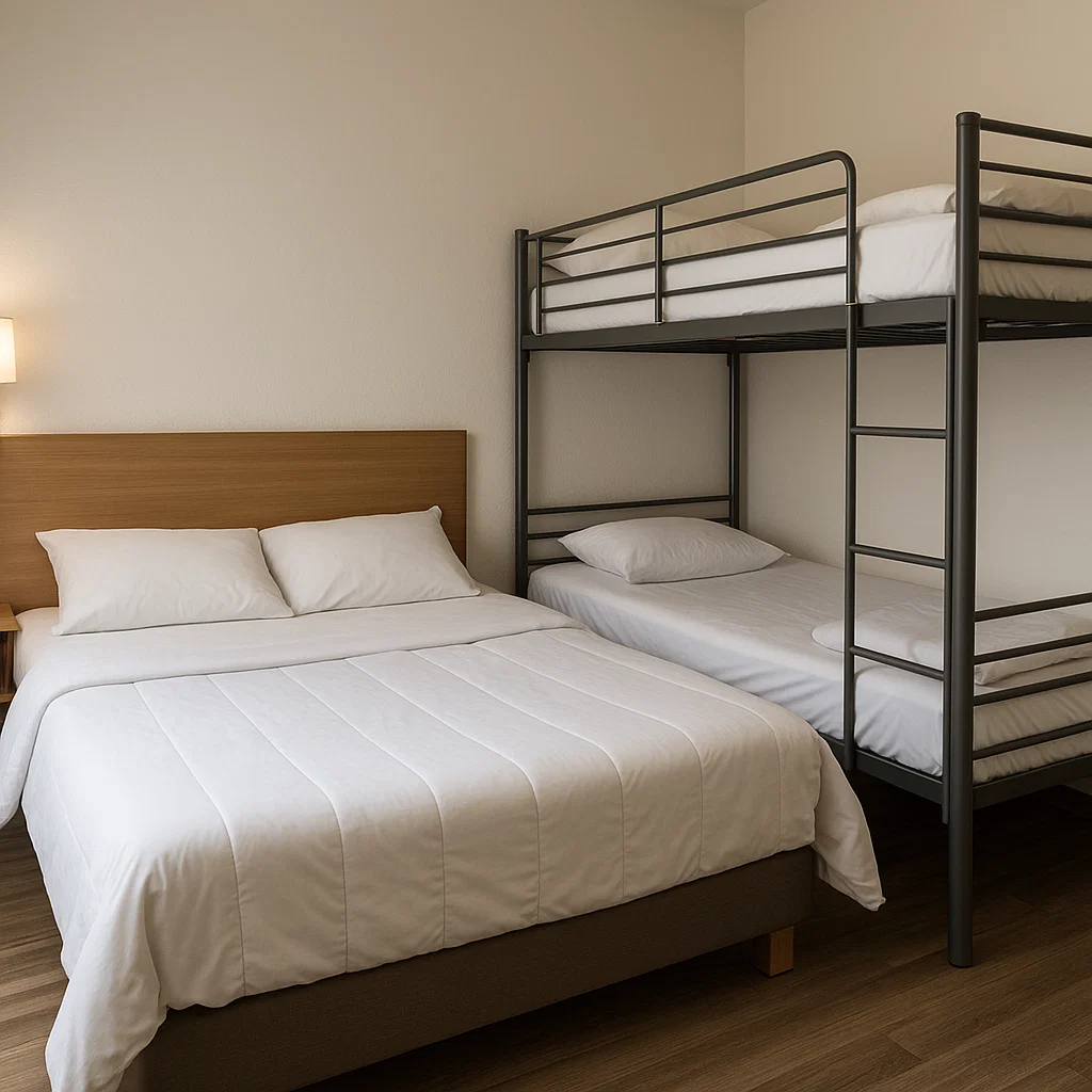 Hotel- oder Gästezimmer mit einem Doppelbett und einem Etagenbett, beide mit weißer, schlichter Bettwäsche ausgestattet – funktional und gemütlich eingerichtet.